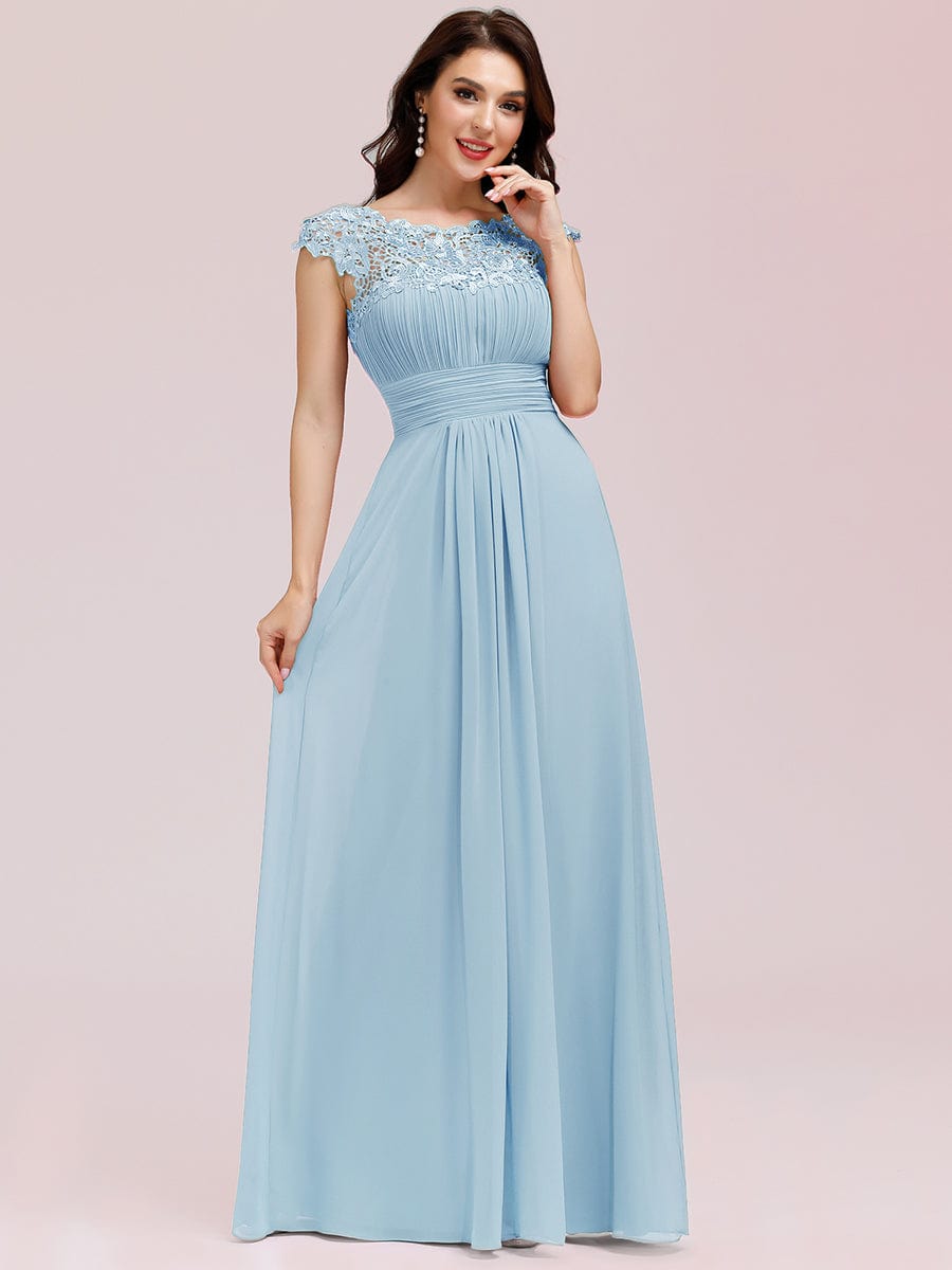 Custom Size Elegant Maxi Long Lace Cap Sleeve Bridesmaid Dress #color_Sky Blue