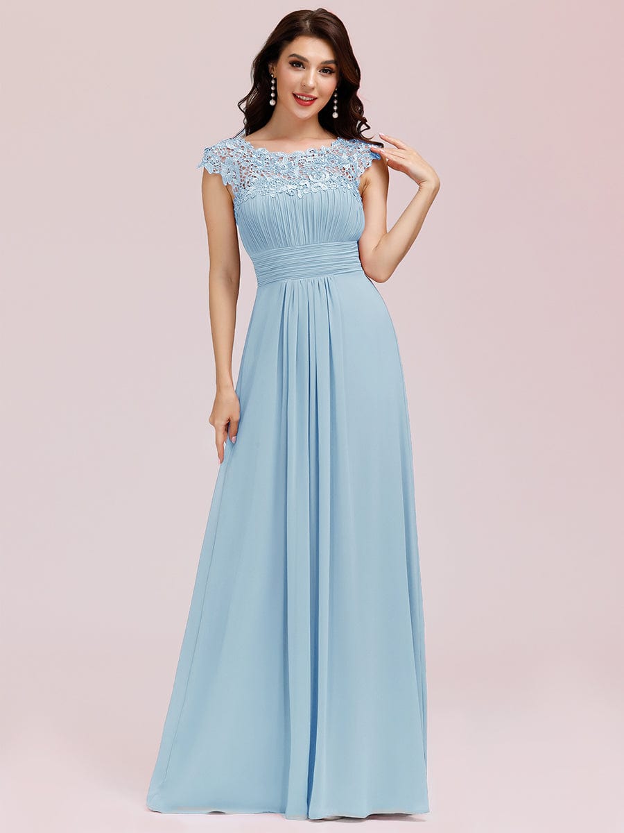 Custom Size Elegant Maxi Long Lace Cap Sleeve Bridesmaid Dress #color_Sky Blue