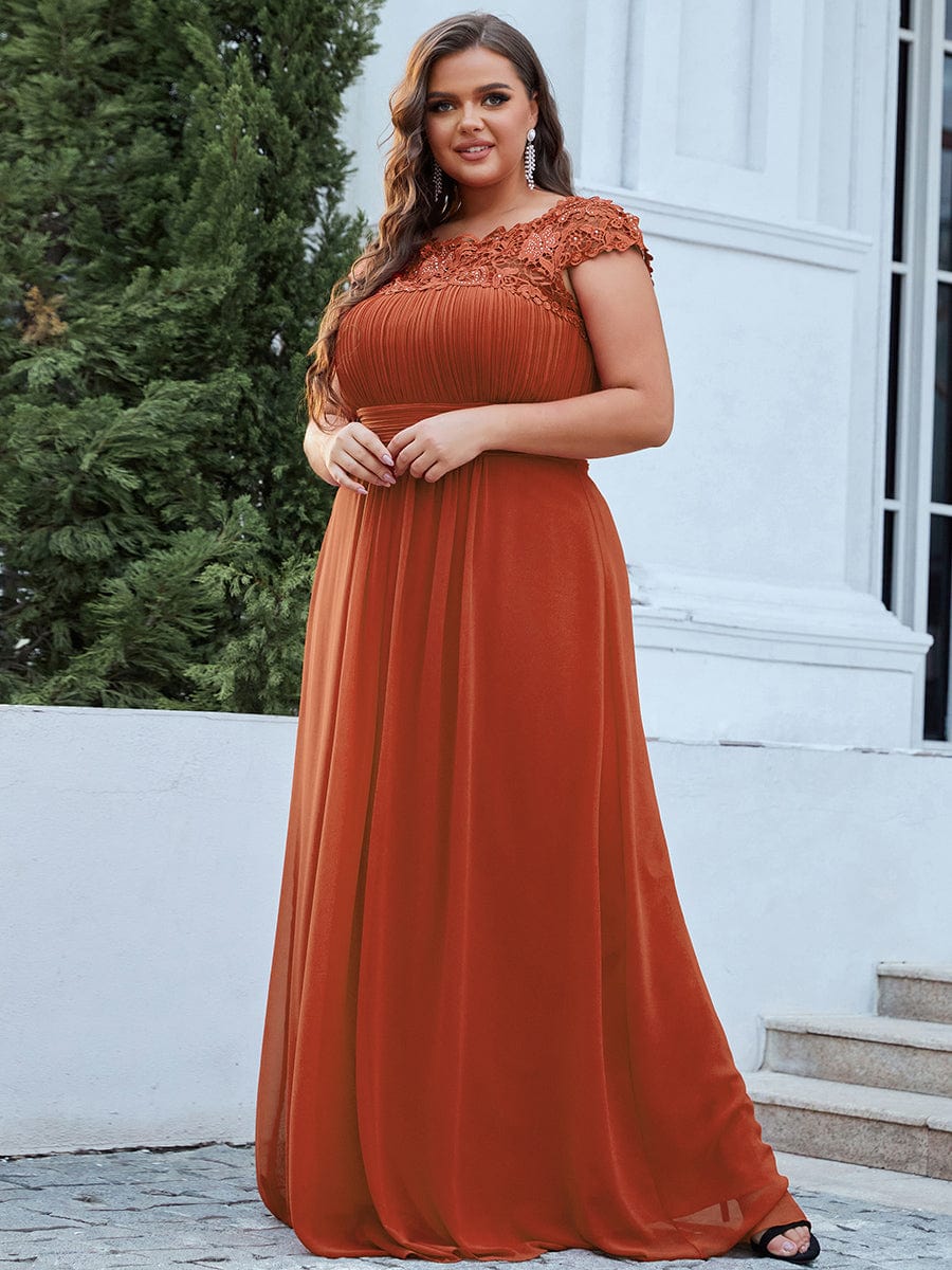 Maxi Long Lace Cap Sleeve Elegant Bridesmaid Dress #color_Burnt Orange