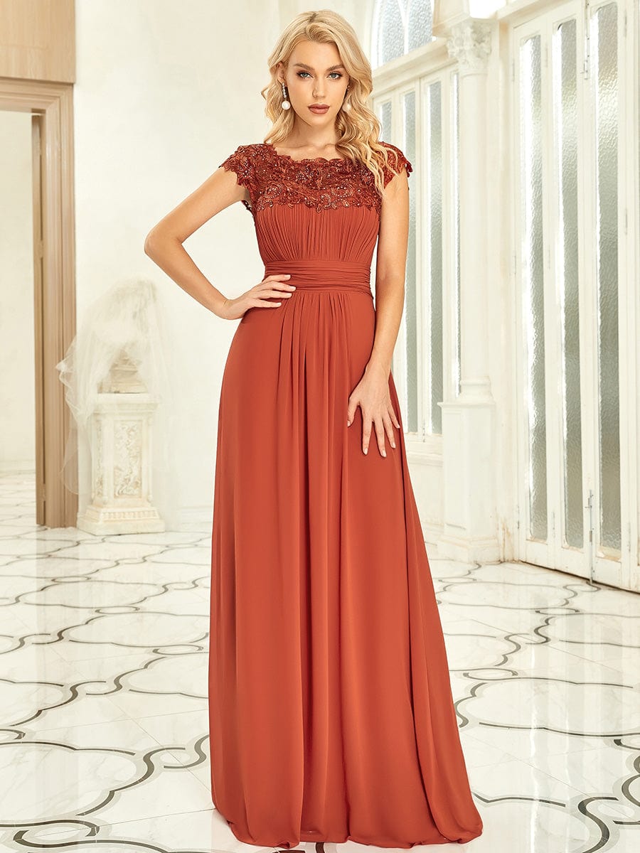 Custom Size Elegant Maxi Long Lace Cap Sleeve Bridesmaid Dress #color_Burnt Orange