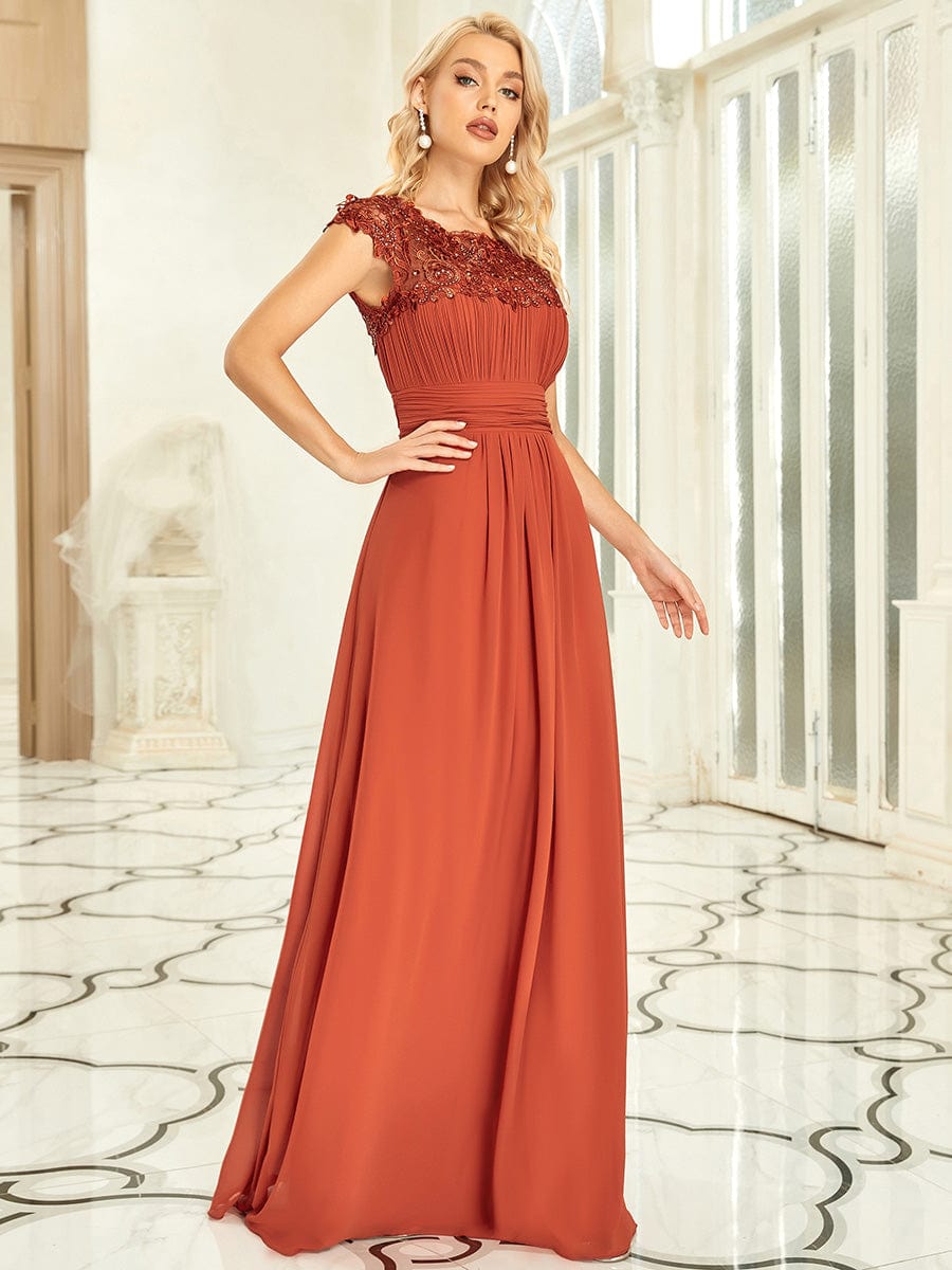 Custom Size Elegant Maxi Long Lace Cap Sleeve Bridesmaid Dress #color_Burnt Orange