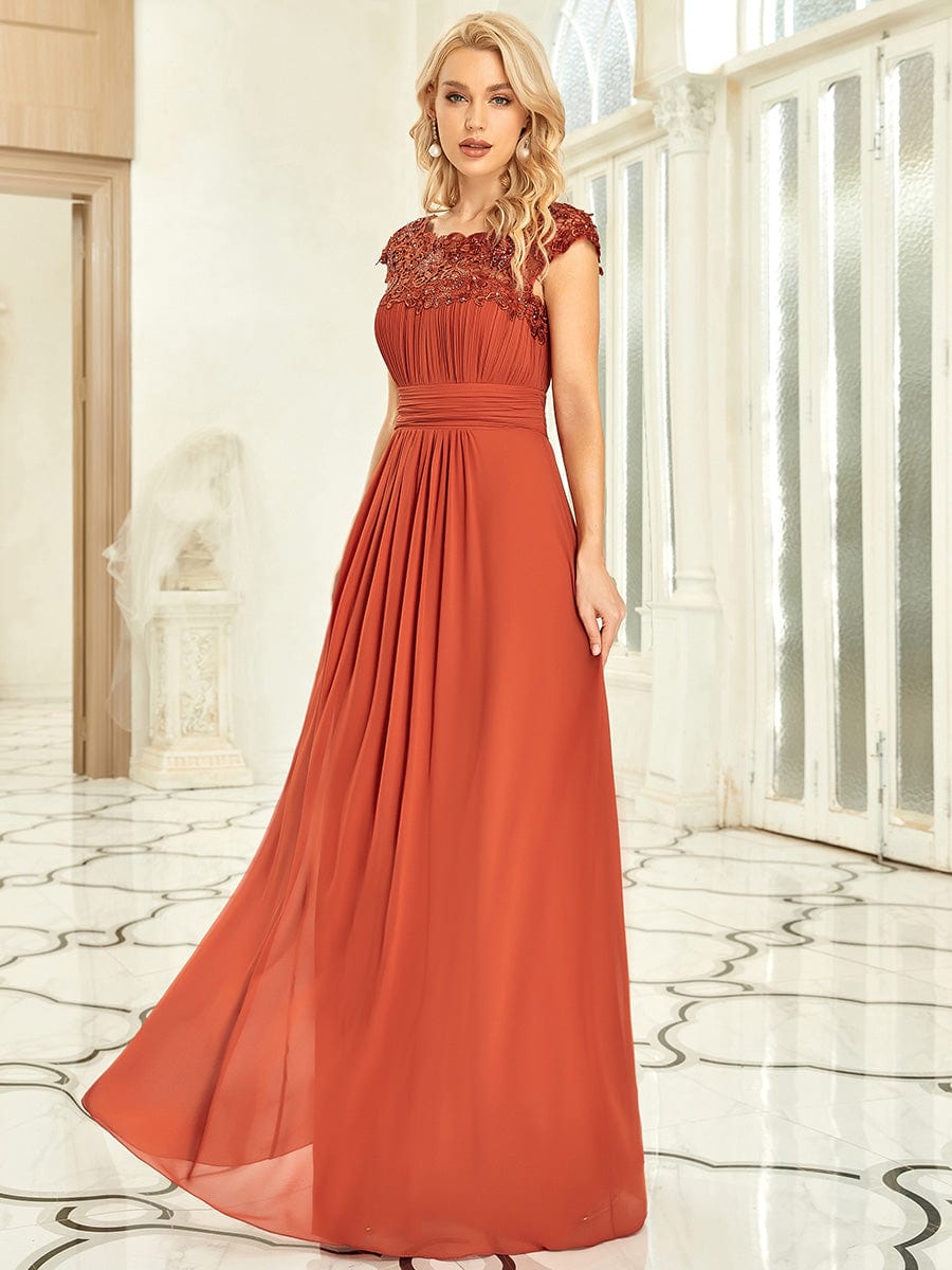 Custom Size Elegant Maxi Long Lace Cap Sleeve Bridesmaid Dress #color_Burnt Orange