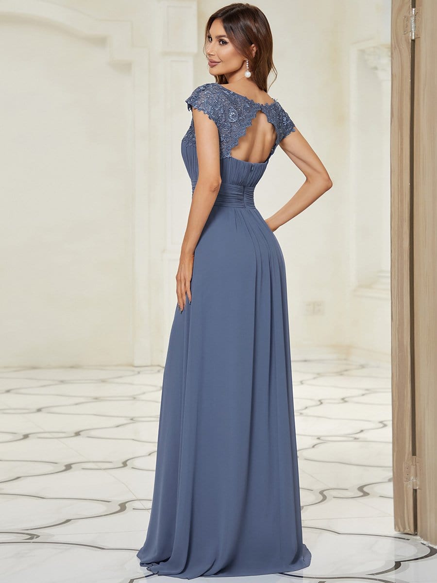 Maxi Long Lace Cap Sleeve Elegant Bridesmaid Dress #color_Dusty Navy