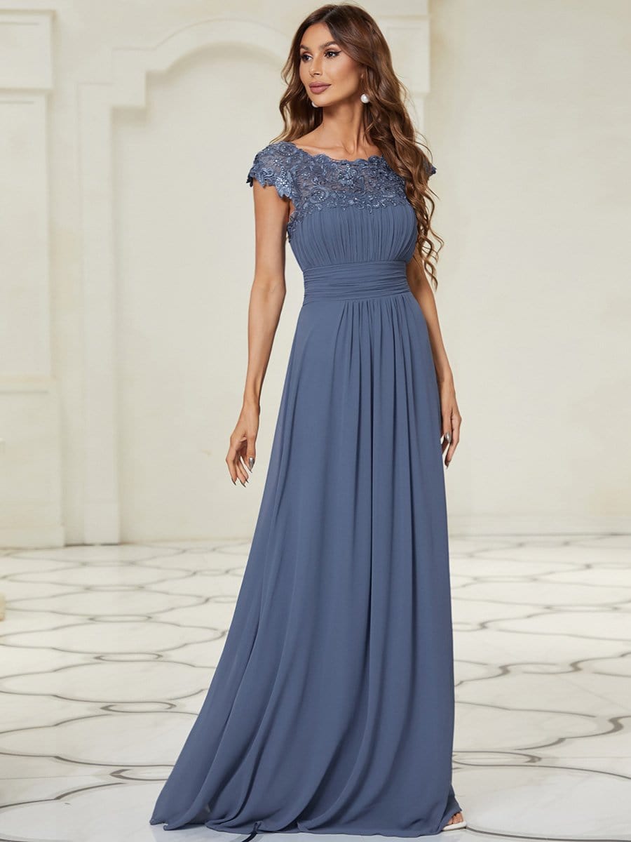 Maxi Long Lace Cap Sleeve Elegant Bridesmaid Dress #color_Dusty Navy
