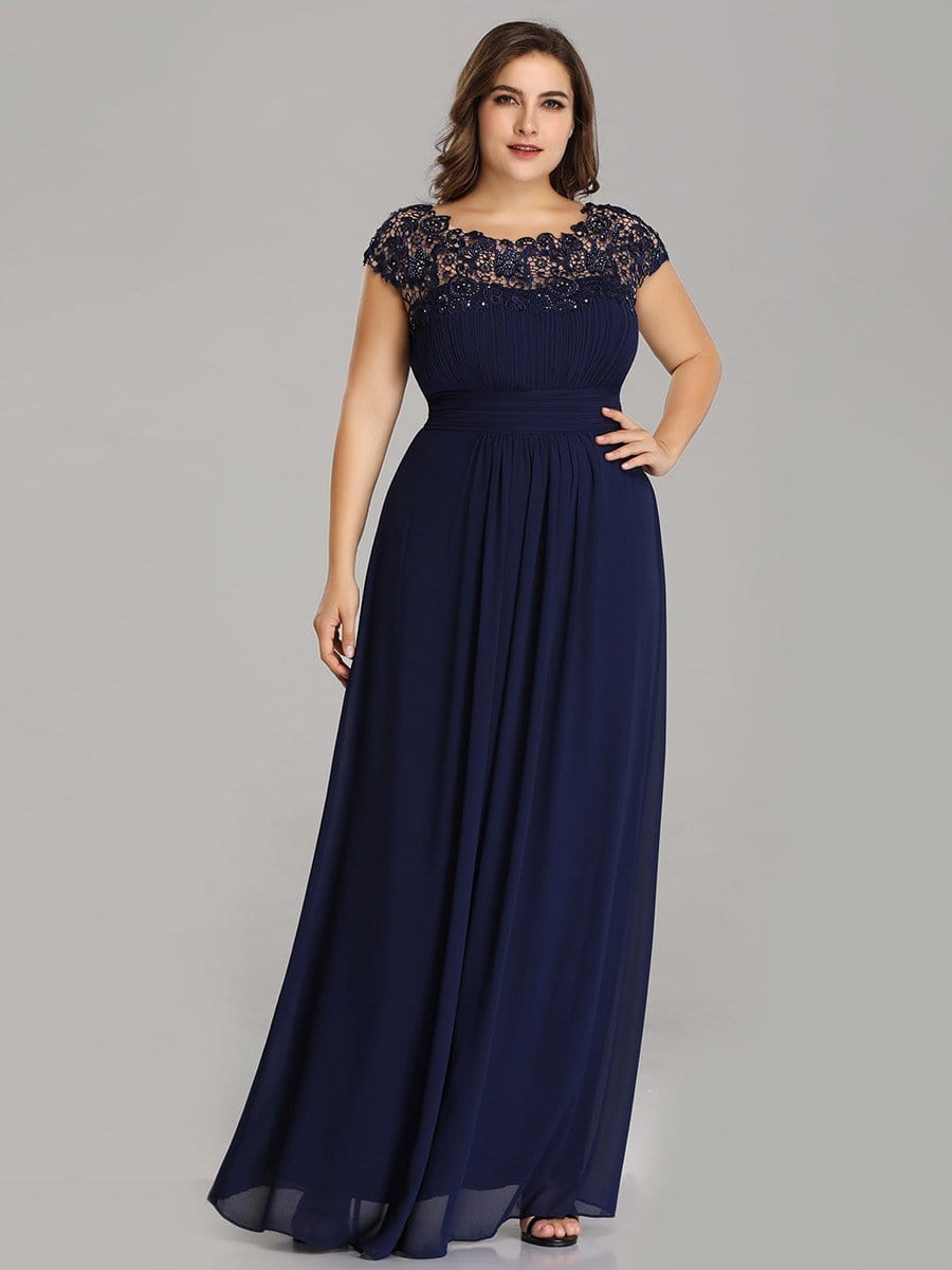 Plus Size Lace Cap Sleeve Elegant Maxi Bridesmaid Dress #color_Navy Blue