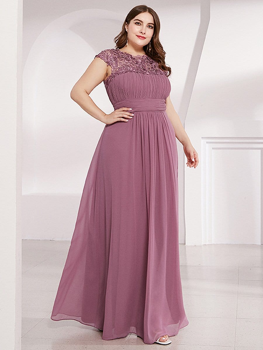 Plus Size Lace Cap Sleeve Elegant Maxi Bridesmaid Dress #color_Purple Orchid