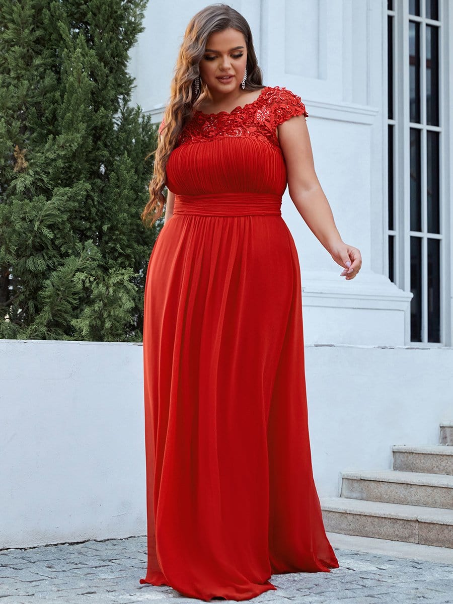 Plus Size Lace Cap Sleeve Elegant Maxi Bridesmaid Dress #color_Red