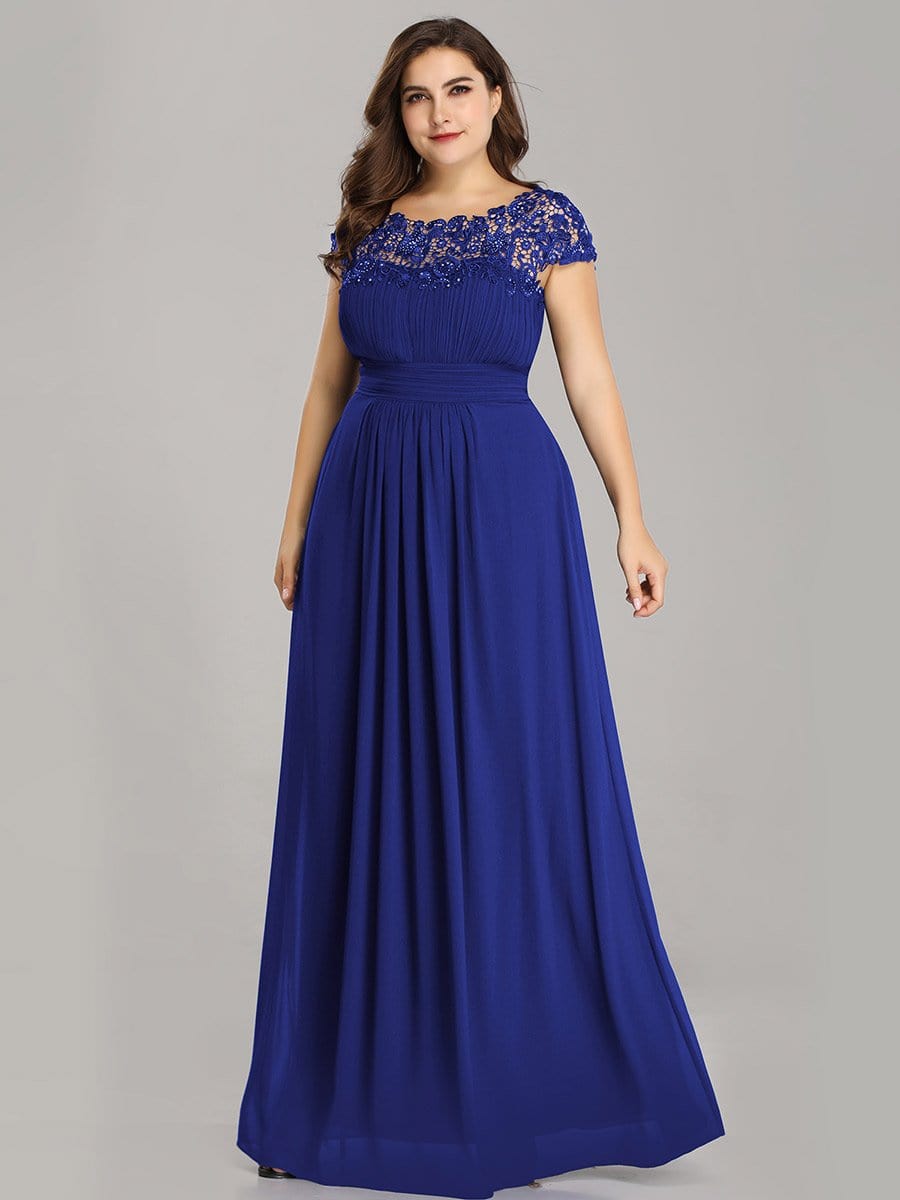 Plus Size Lace Cap Sleeve Elegant Maxi Bridesmaid Dress #color_Sapphire Blue