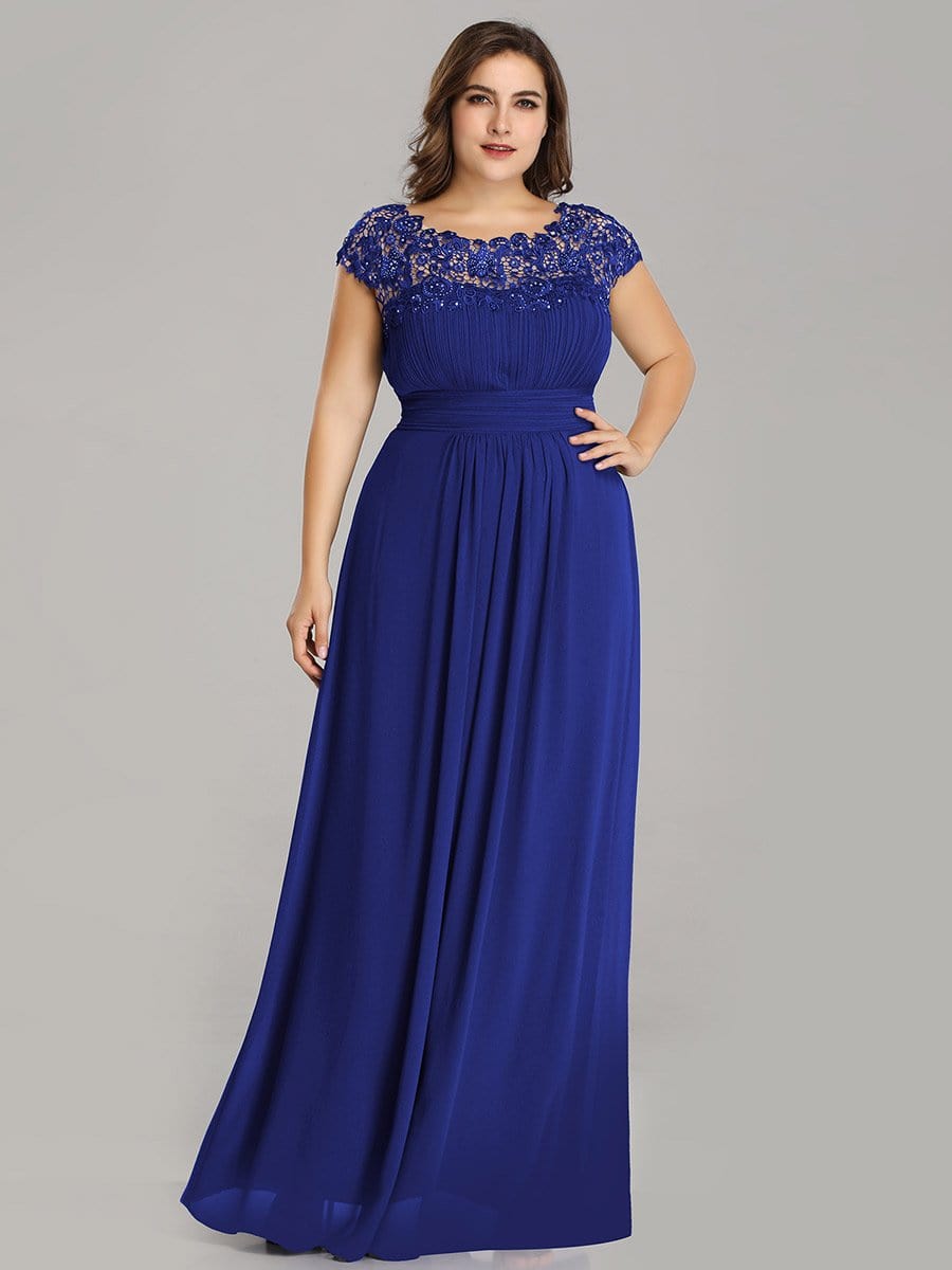 Plus Size Lace Cap Sleeve Elegant Maxi Bridesmaid Dress #color_Sapphire Blue