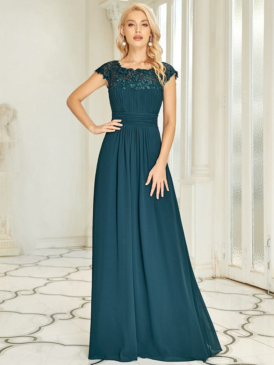 Custom Size Elegant Maxi Long Lace Cap Sleeve Bridesmaid Dress #color_Teal