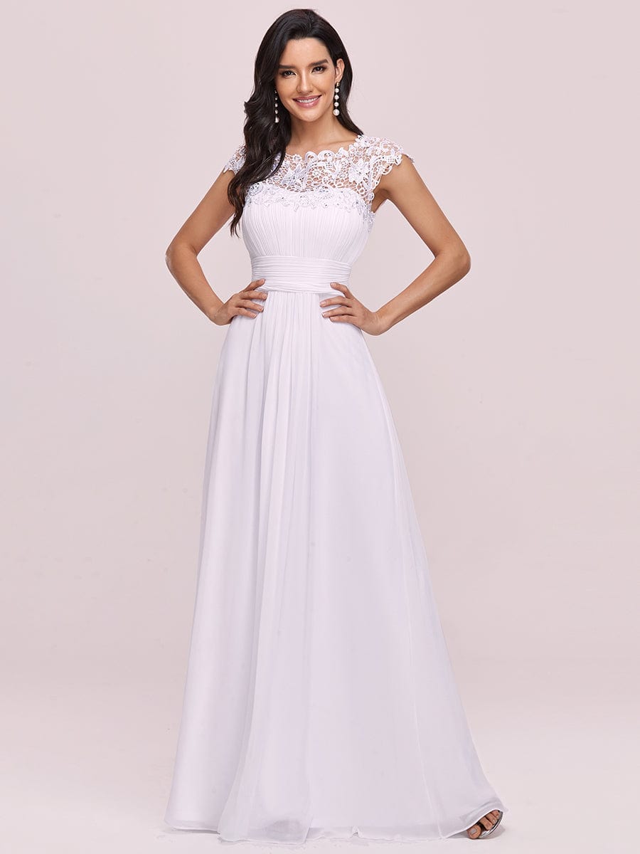 Maxi Long Lace Cap Sleeve Elegant Bridesmaid Dress #color_White