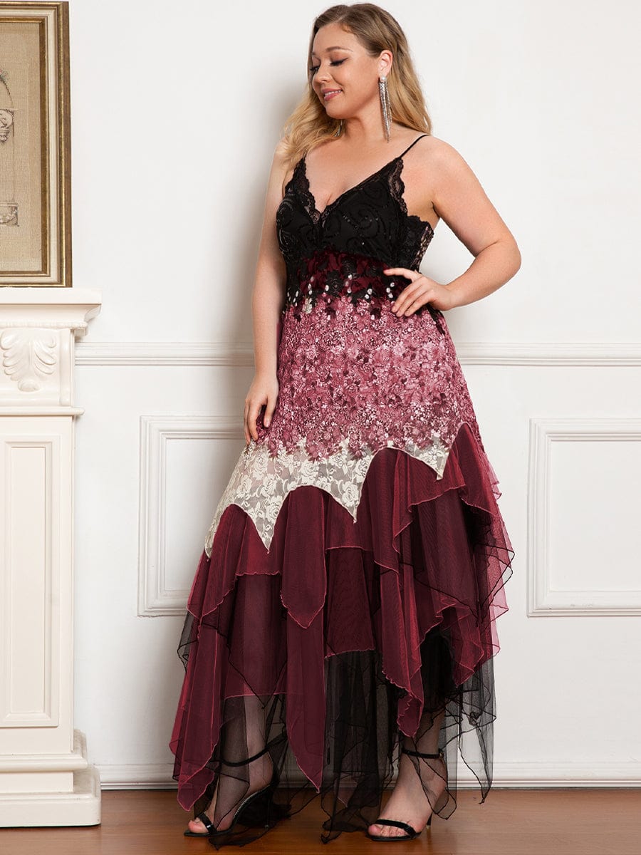 Sexy V Neck Irregular Hem Plus Size Prom Dresses #color_Burgundy