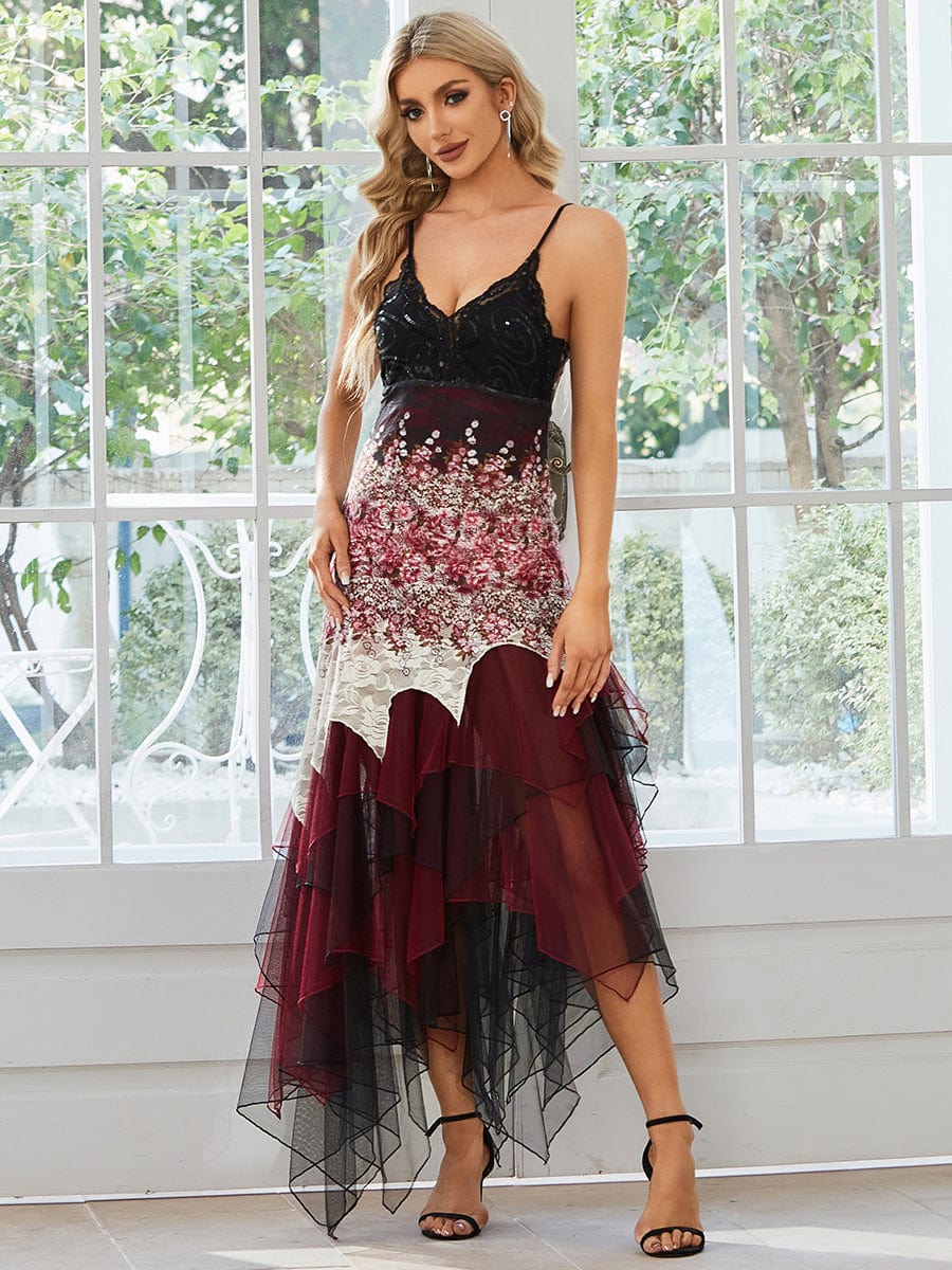 Women's Sexy V Neck Irregular Hem Cocktail Prom Dresses #color_Burgundy