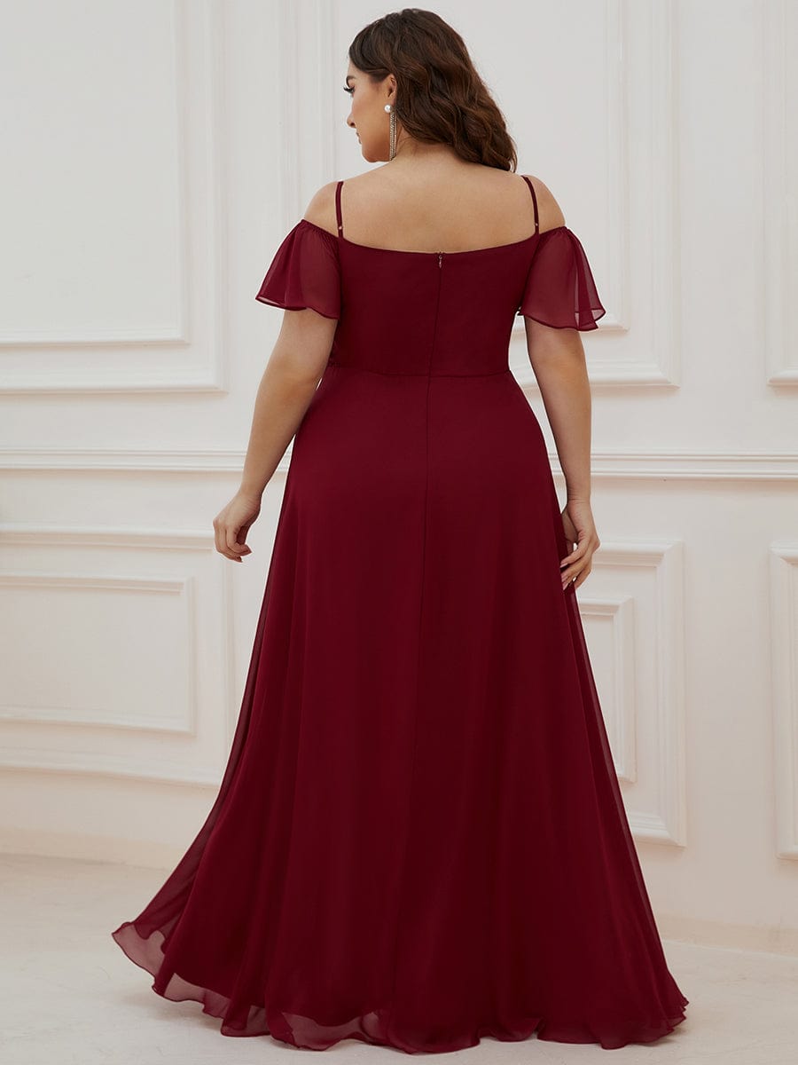 Stylish Cold-Shoulder Split Floor Length Wedding Guest Dress #color_Burgundy