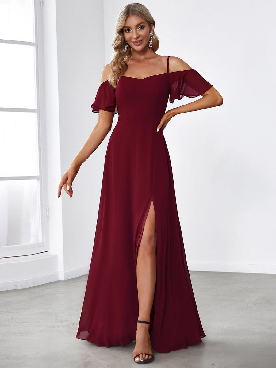 Custom Size Cold-Shoulder Floor Length Bridesmaid Dress with Side Slit #color_Burgundy