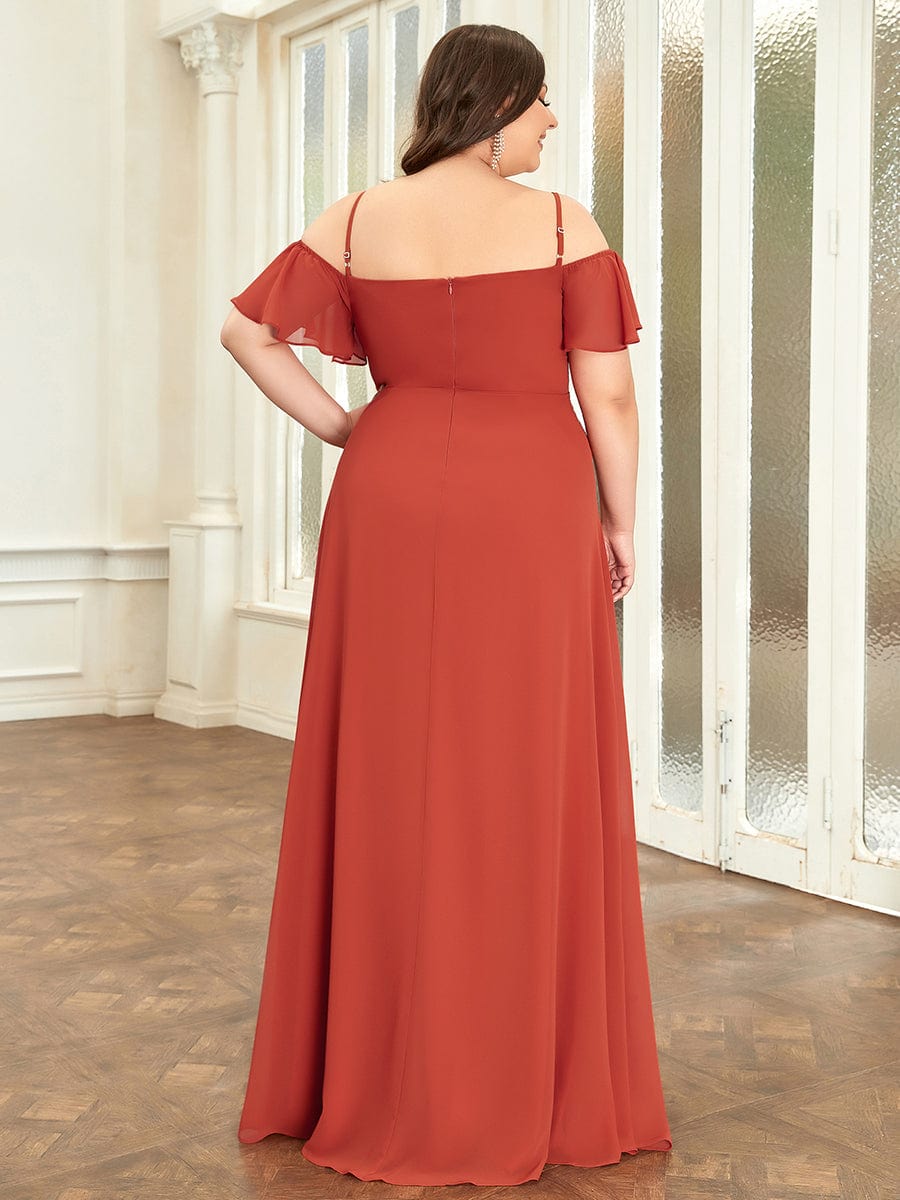 Stylish Cold-Shoulder Split Floor Length Wedding Guest Dress #color_Burnt Orange