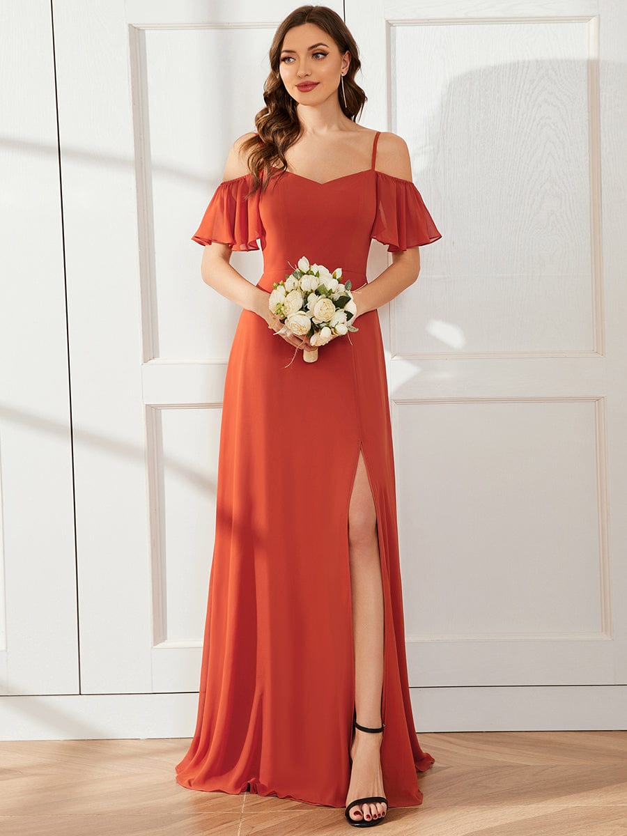 Stylish Cold-Shoulder Split Floor Length Wedding Guest Dress #color_Burnt Orange