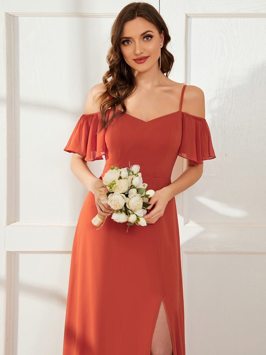 Stylish Cold-Shoulder Split Floor Length Wedding Guest Dress #color_Burnt Orange