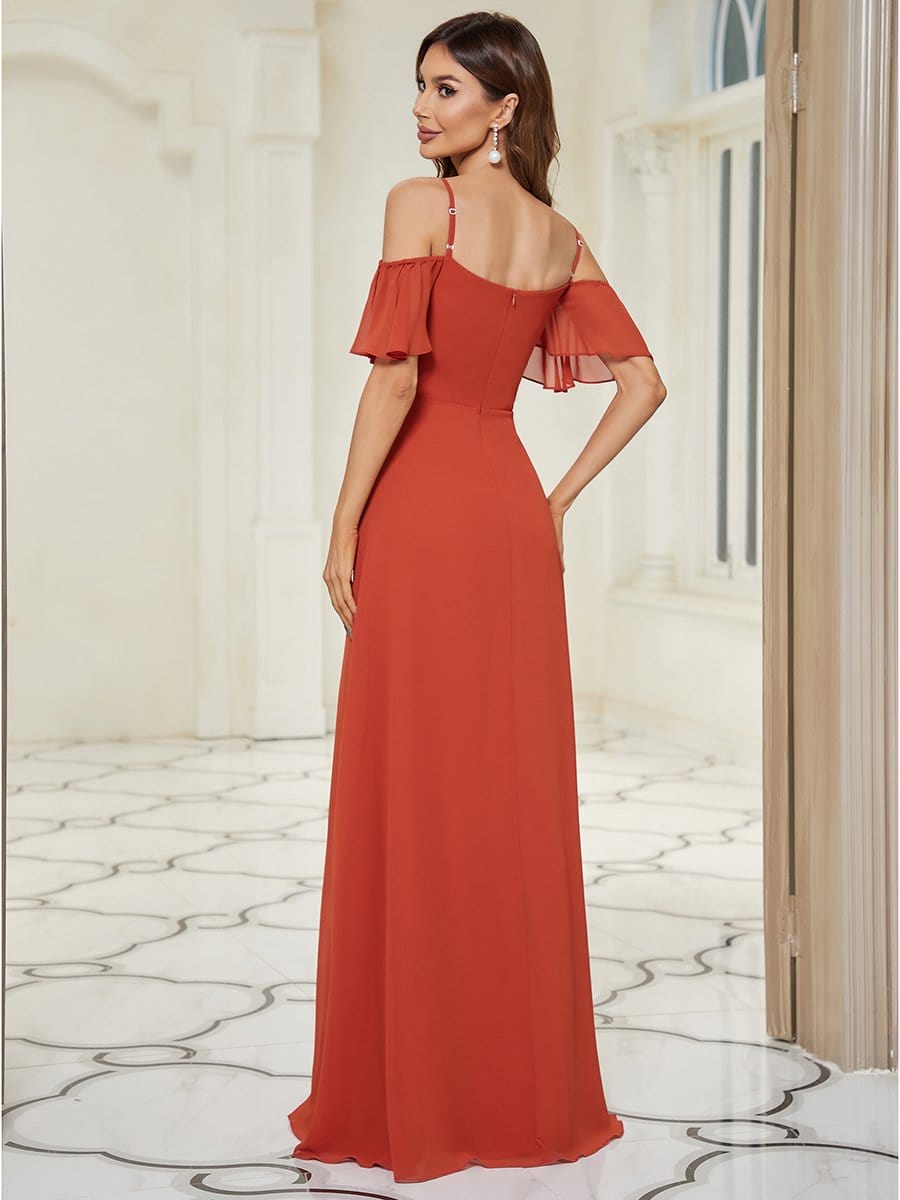 Custom Size Cold-Shoulder Floor Length Bridesmaid Dress with Side Slit #color_Burnt Orange