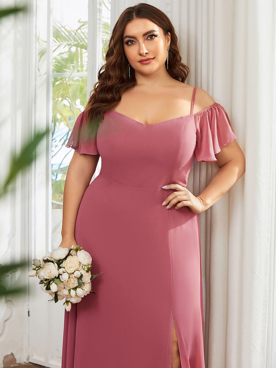 Custom Size Cold-Shoulder Floor Length Bridesmaid Dress with Side Slit #color_Cameo Brown