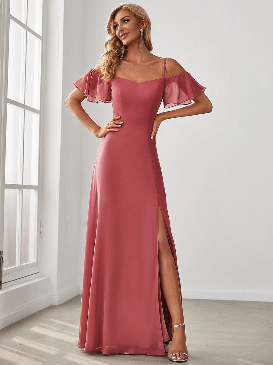Custom Size Cold-Shoulder Floor Length Bridesmaid Dress with Side Slit #color_Cameo Brown
