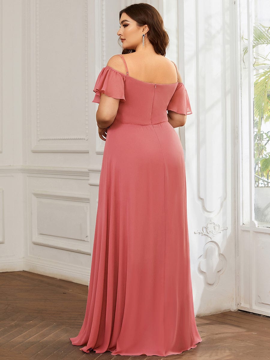 Custom Size Cold-Shoulder Floor Length Bridesmaid Dress with Side Slit #color_Coral