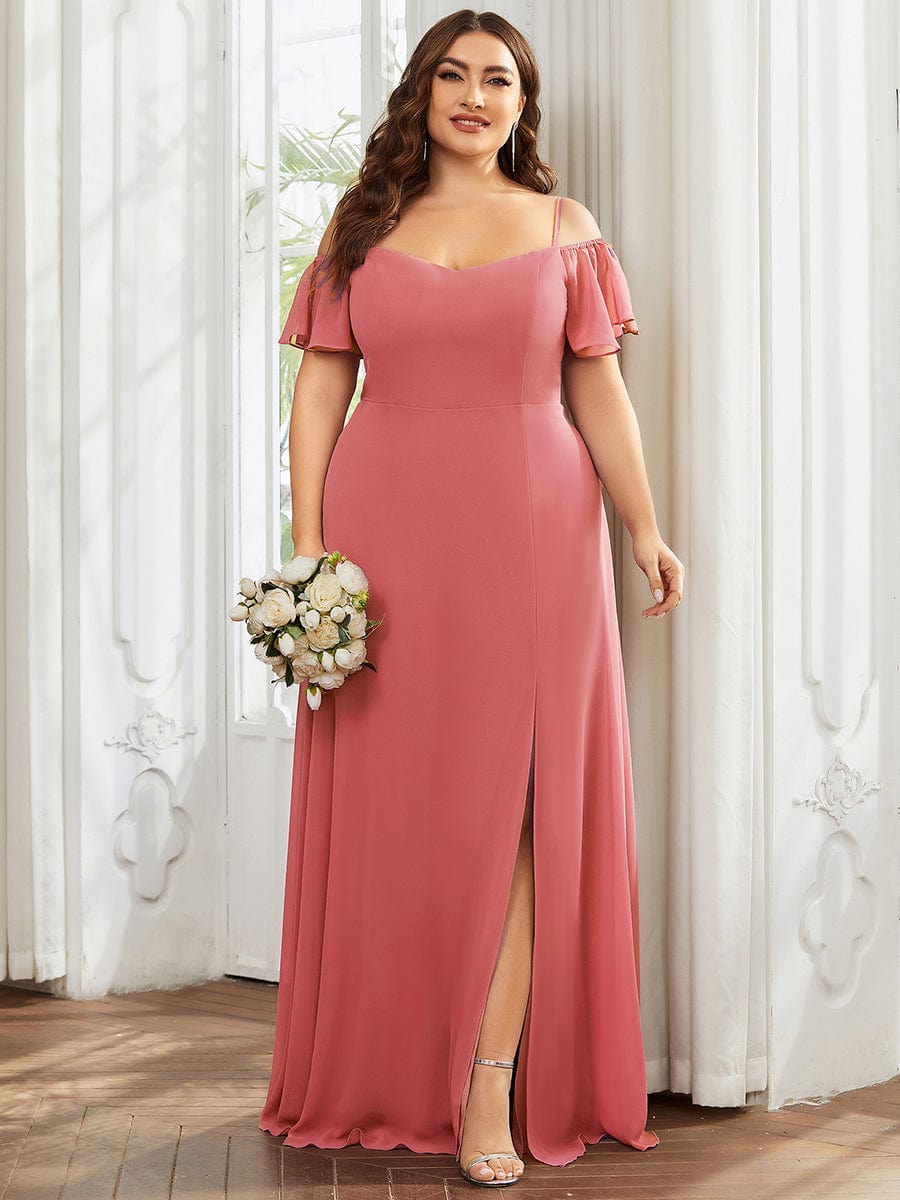 Custom Size Cold-Shoulder Floor Length Bridesmaid Dress with Side Slit #color_Coral