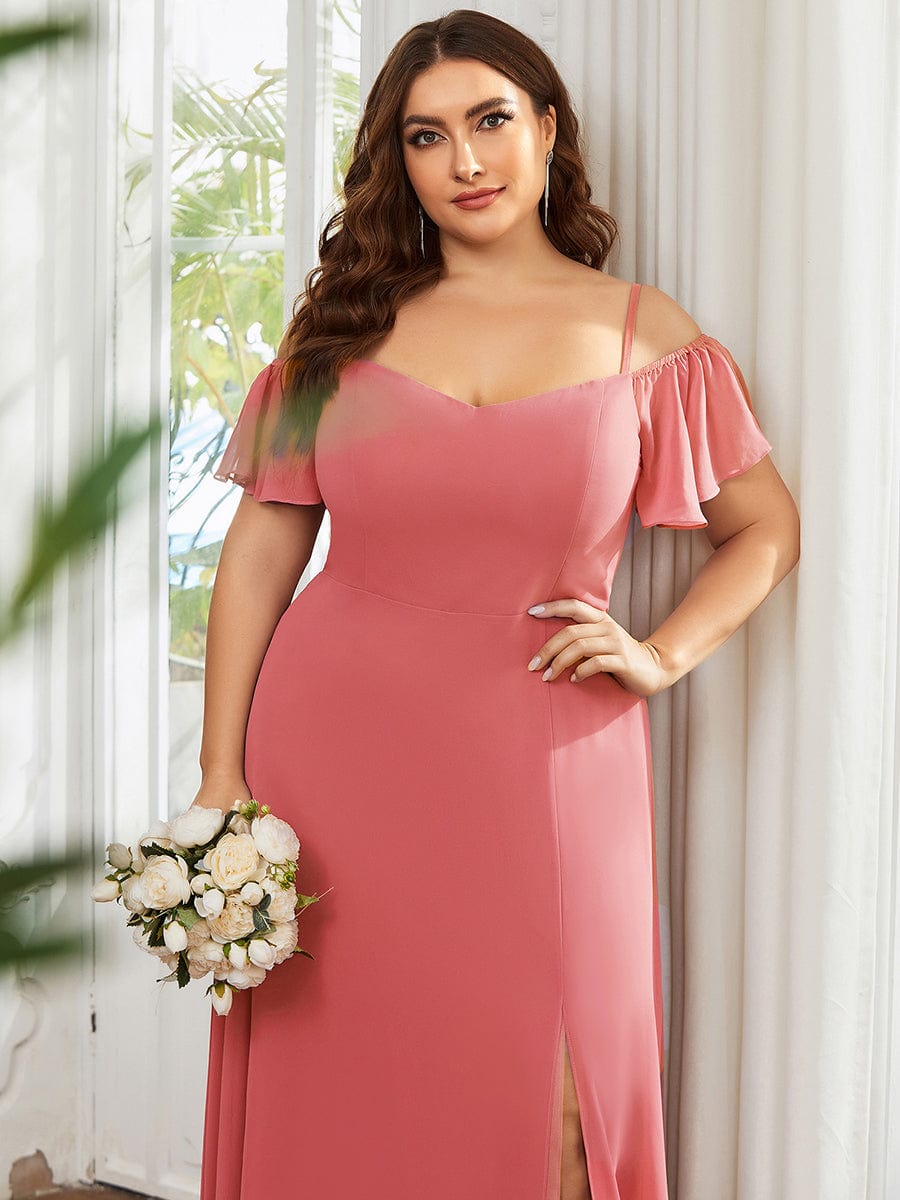 Custom Size Cold-Shoulder Floor Length Bridesmaid Dress with Side Slit #color_Coral