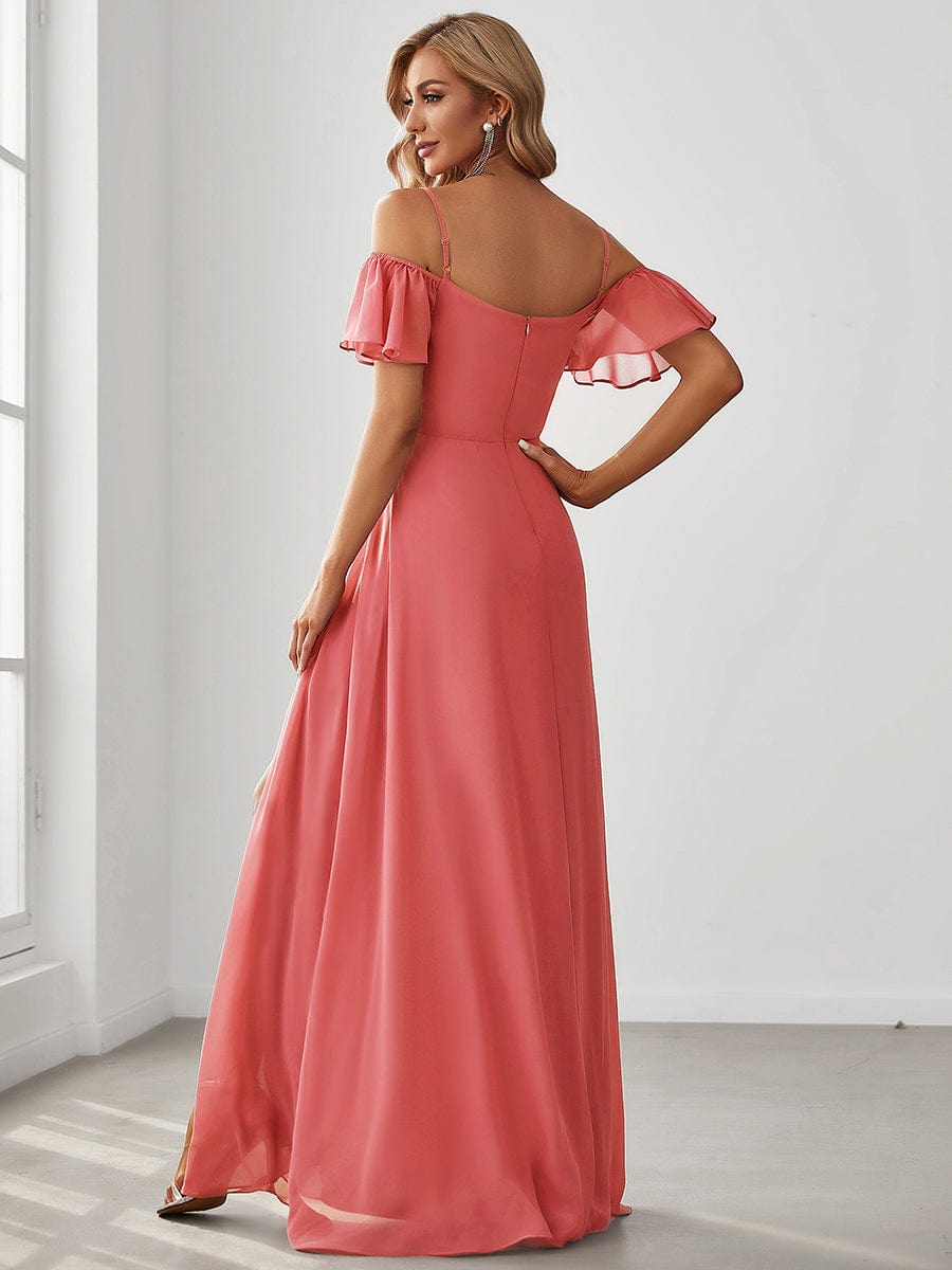 Custom Size Cold-Shoulder Floor Length Bridesmaid Dress with Side Slit #color_Coral