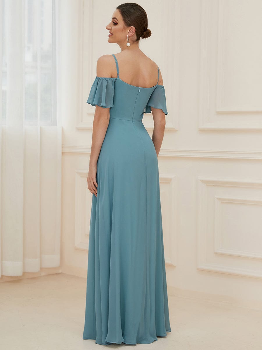 Custom Size Cold-Shoulder Floor Length Bridesmaid Dress with Side Slit #color_Dusty Blue
