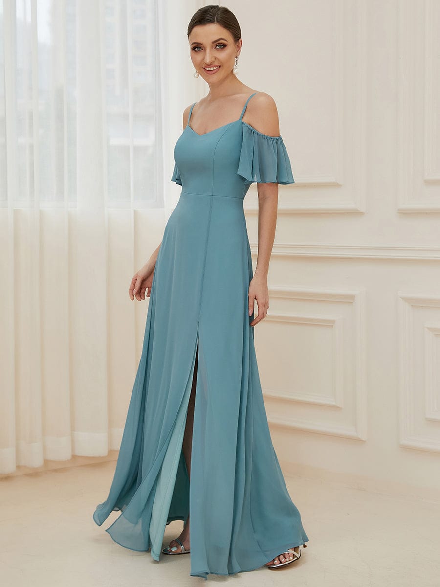 Custom Size Cold-Shoulder Floor Length Bridesmaid Dress with Side Slit #color_Dusty Blue