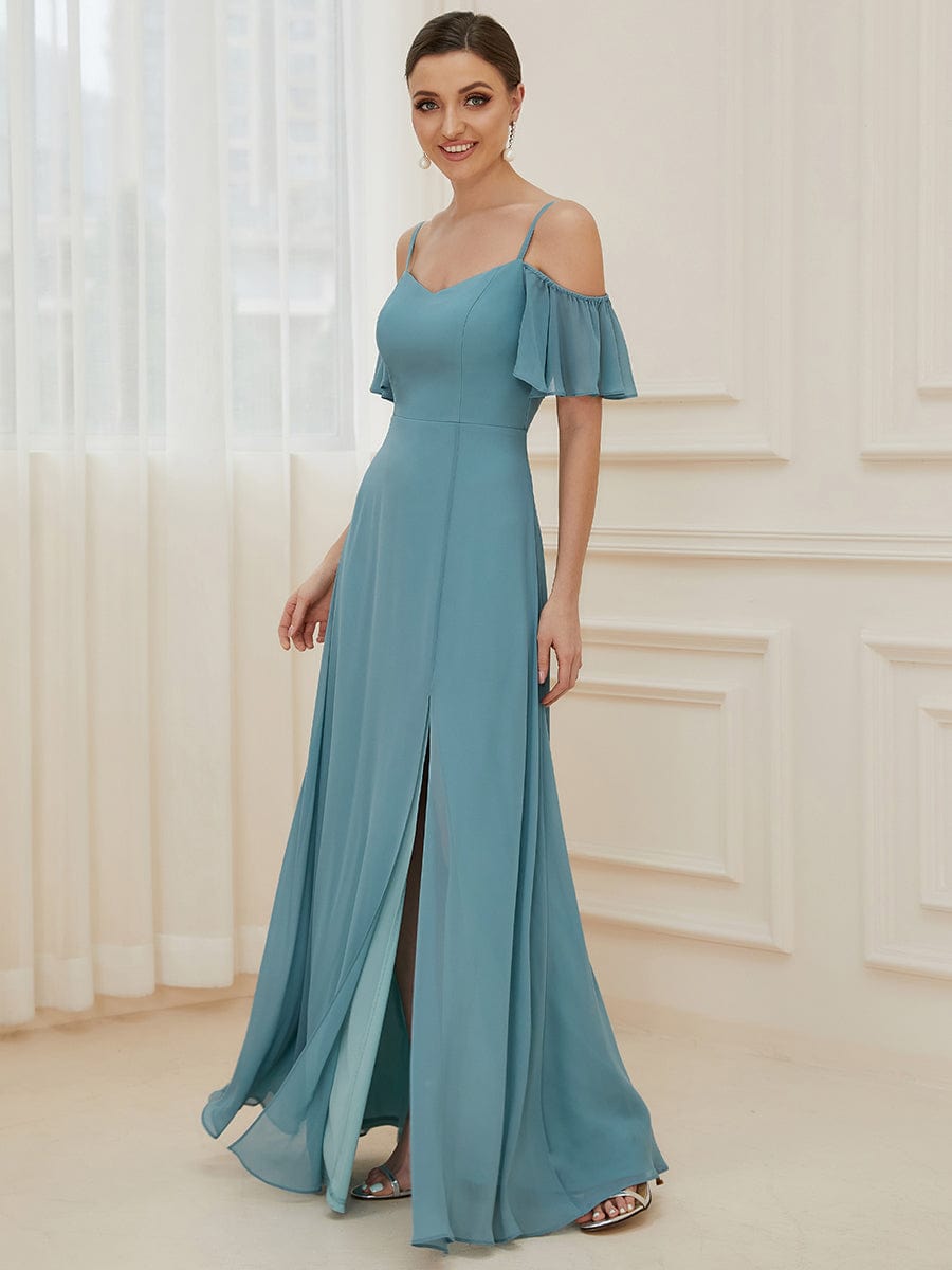 Custom Size Cold-Shoulder Floor Length Bridesmaid Dress with Side Slit #color_Light Teal