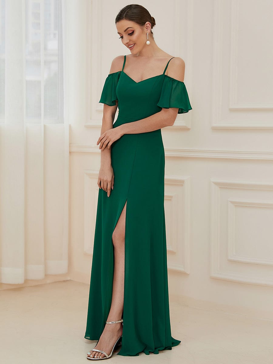 Custom Size Cold-Shoulder Floor Length Bridesmaid Dress with Side Slit #color_Dark Green