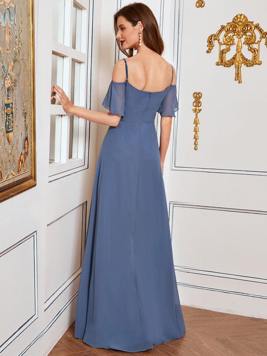 Custom Size Cold-Shoulder Floor Length Bridesmaid Dress with Side Slit #color_Dusty Navy