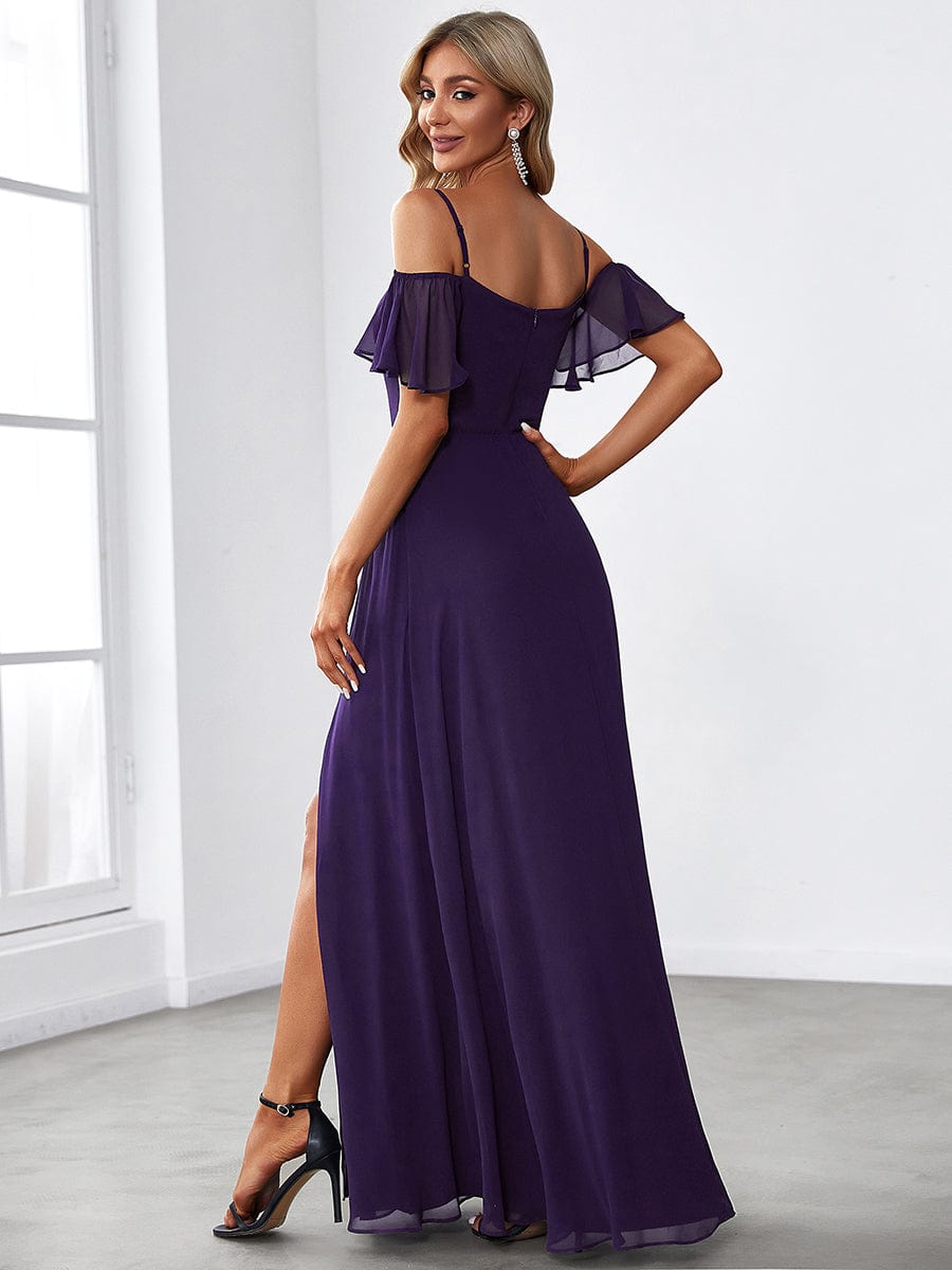 Custom Size Cold-Shoulder Floor Length Bridesmaid Dress with Side Slit #color_Dark Purple