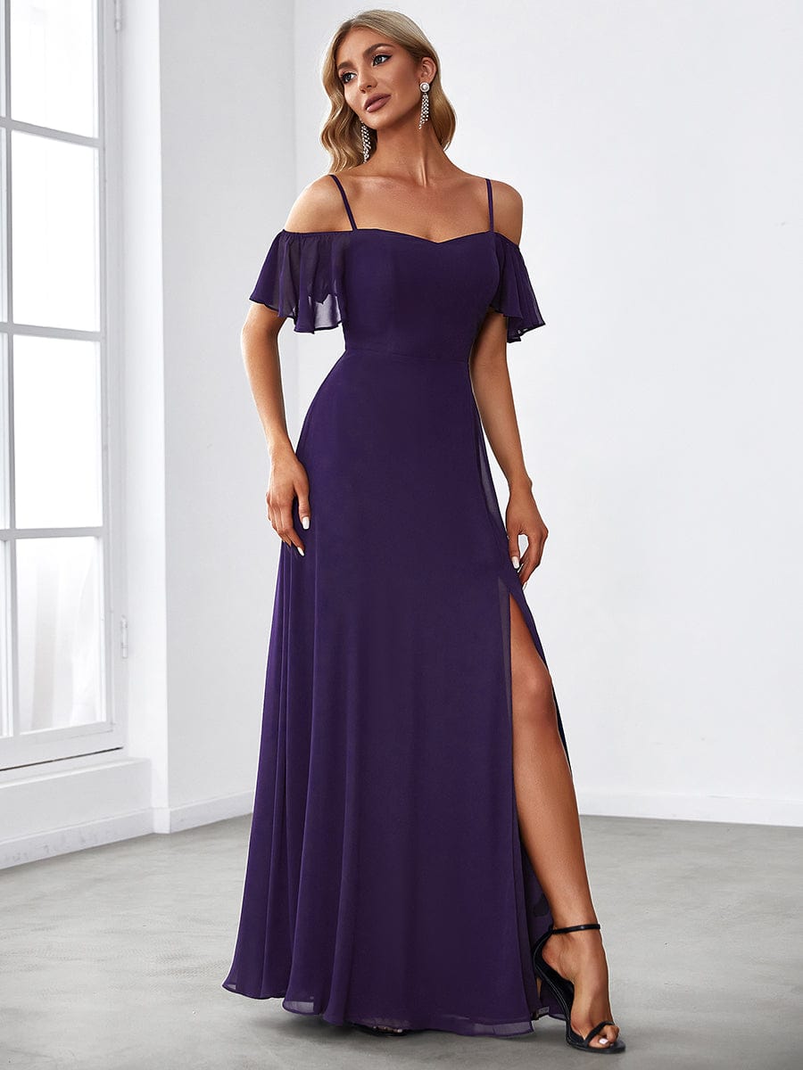 Stylish Cold-Shoulder Split Floor Length Wedding Guest Dress #color_Dark Purple