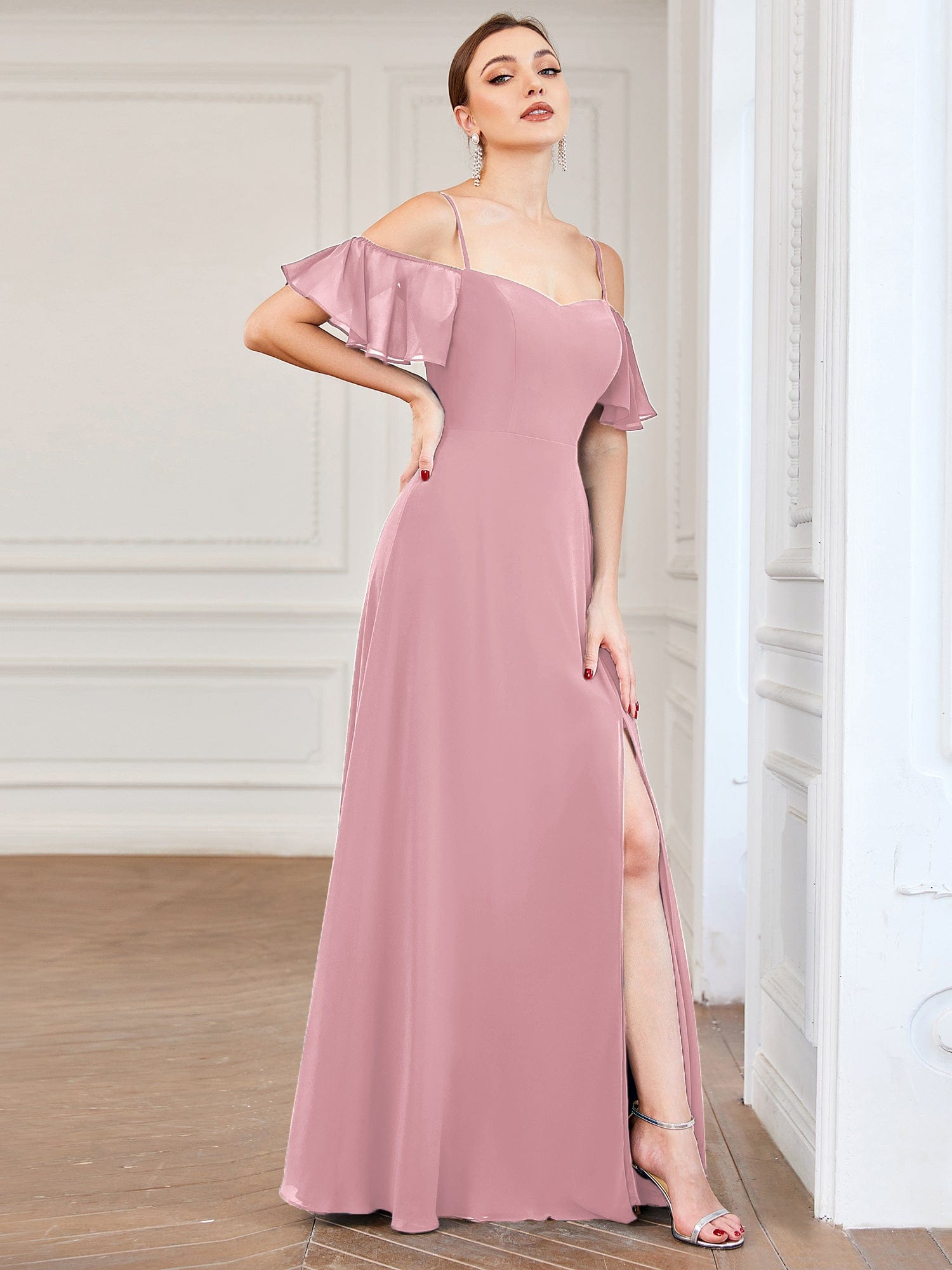 Custom Size Cold-Shoulder Floor Length Bridesmaid Dress with Side Slit #color_Dusty Rose