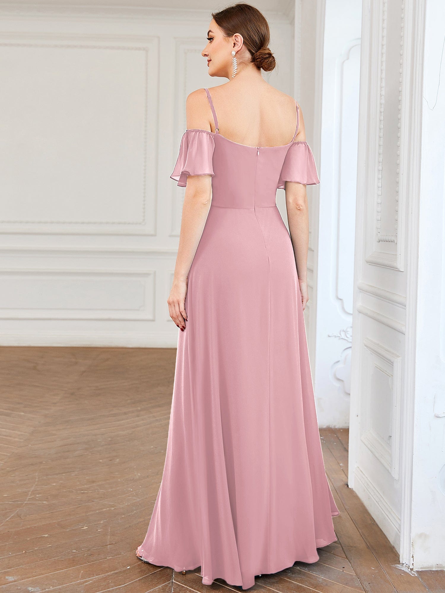 Custom Size Cold-Shoulder Floor Length Bridesmaid Dress with Side Slit #color_Dusty Rose