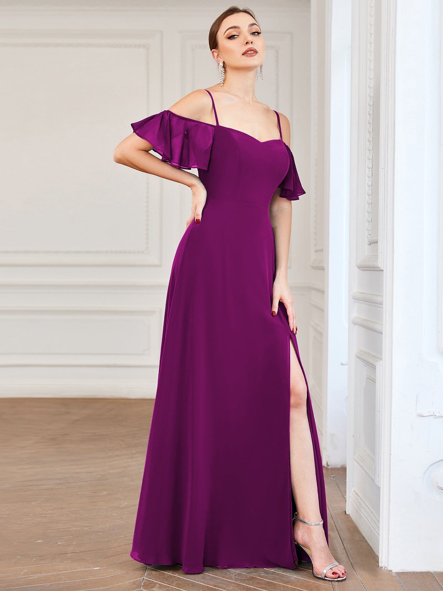 Custom Size Cold-Shoulder Floor Length Bridesmaid Dress with Side Slit #color_Fuchsia