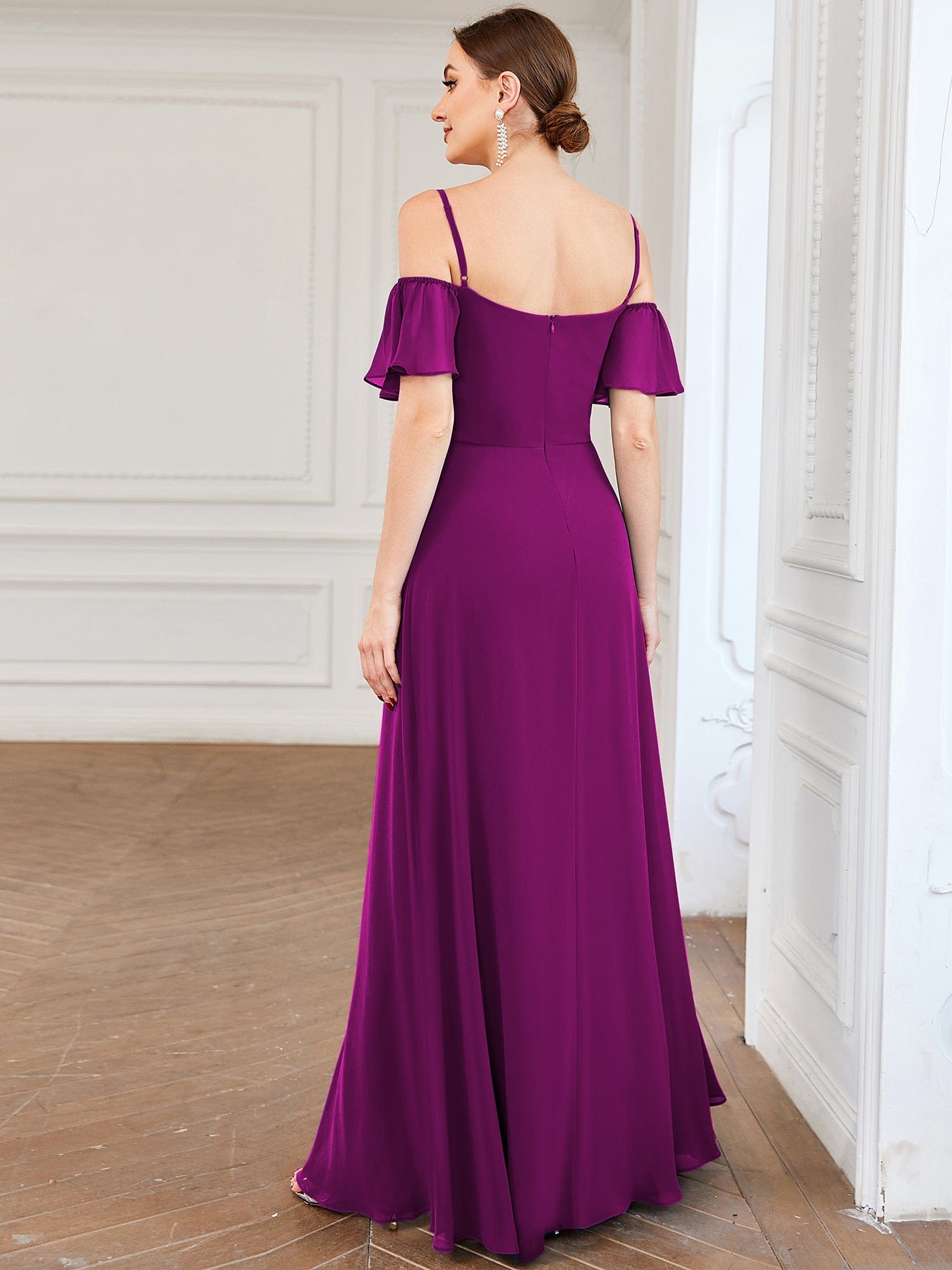 Custom Size Cold-Shoulder Floor Length Bridesmaid Dress with Side Slit #color_Fuchsia