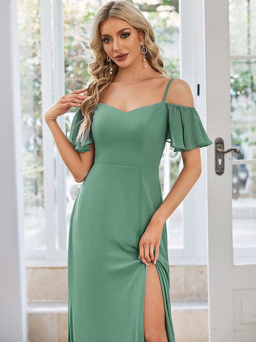 Custom Size Cold-Shoulder Floor Length Bridesmaid Dress with Side Slit #color_Green Bean