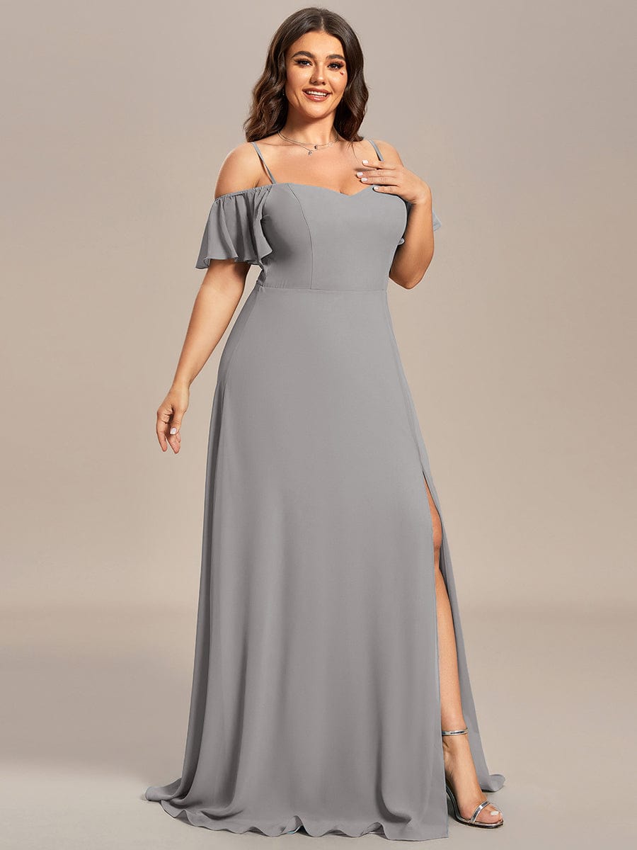 Custom Size Cold-Shoulder Floor Length Bridesmaid Dress with Side Slit #color_Grey