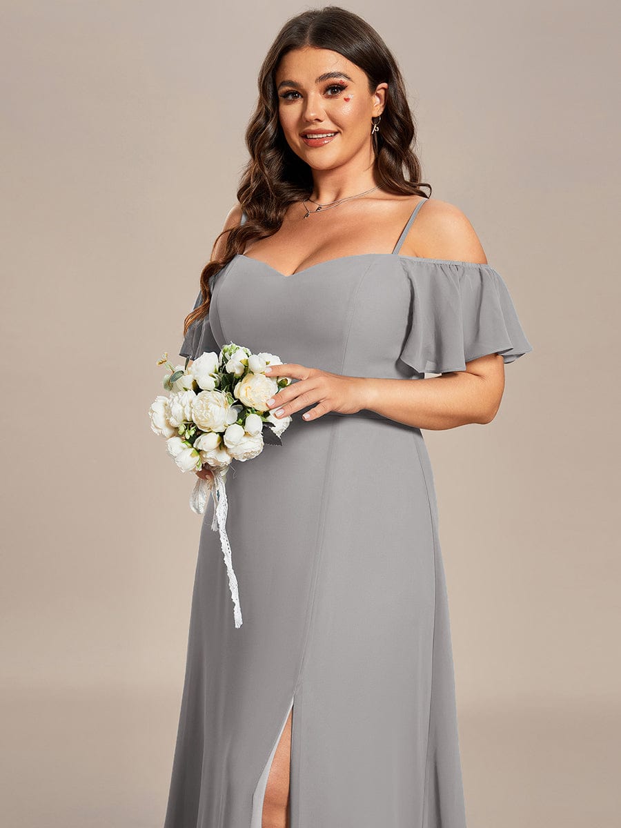 Custom Size Cold-Shoulder Floor Length Bridesmaid Dress with Side Slit #color_Grey