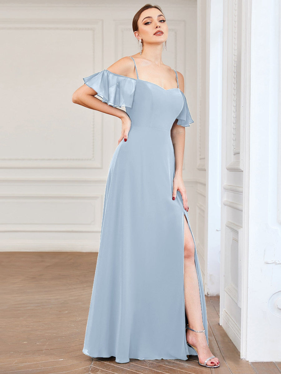 Custom Size Cold-Shoulder Floor Length Bridesmaid Dress with Side Slit #color_Ice Blue