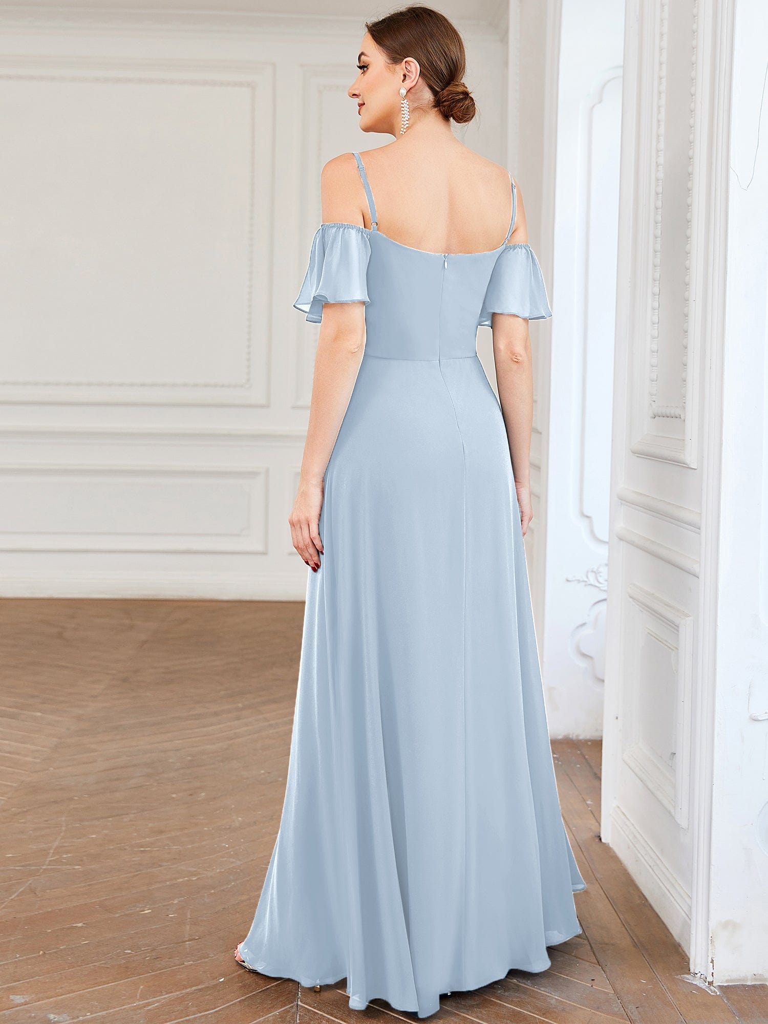 Custom Size Cold-Shoulder Floor Length Bridesmaid Dress with Side Slit #color_Ice Blue