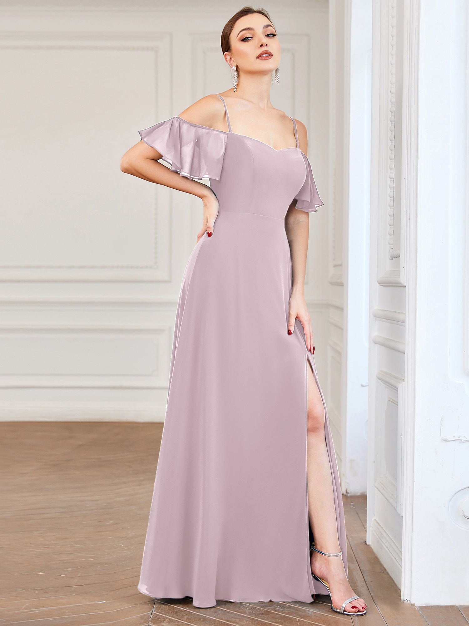 Custom Size Cold-Shoulder Floor Length Bridesmaid Dress with Side Slit #color_Lilac