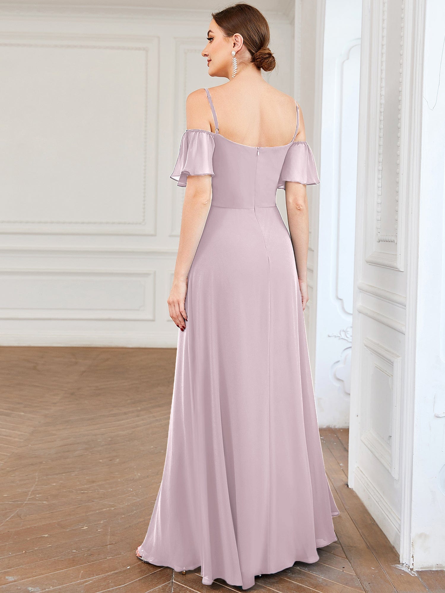 Custom Size Cold-Shoulder Floor Length Bridesmaid Dress with Side Slit #color_Lilac