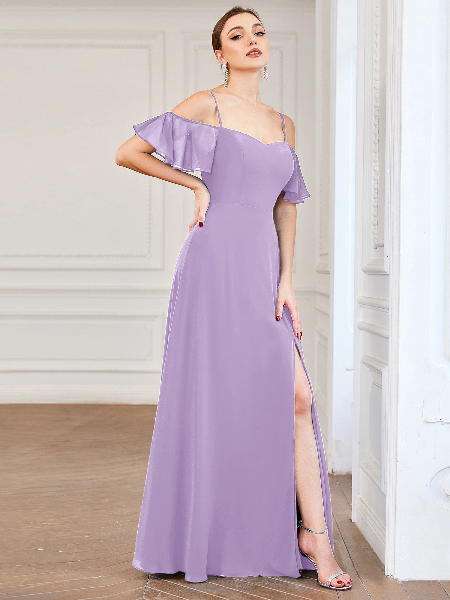 Custom Size Cold-Shoulder Floor Length Bridesmaid Dress with Side Slit #color_Lavender