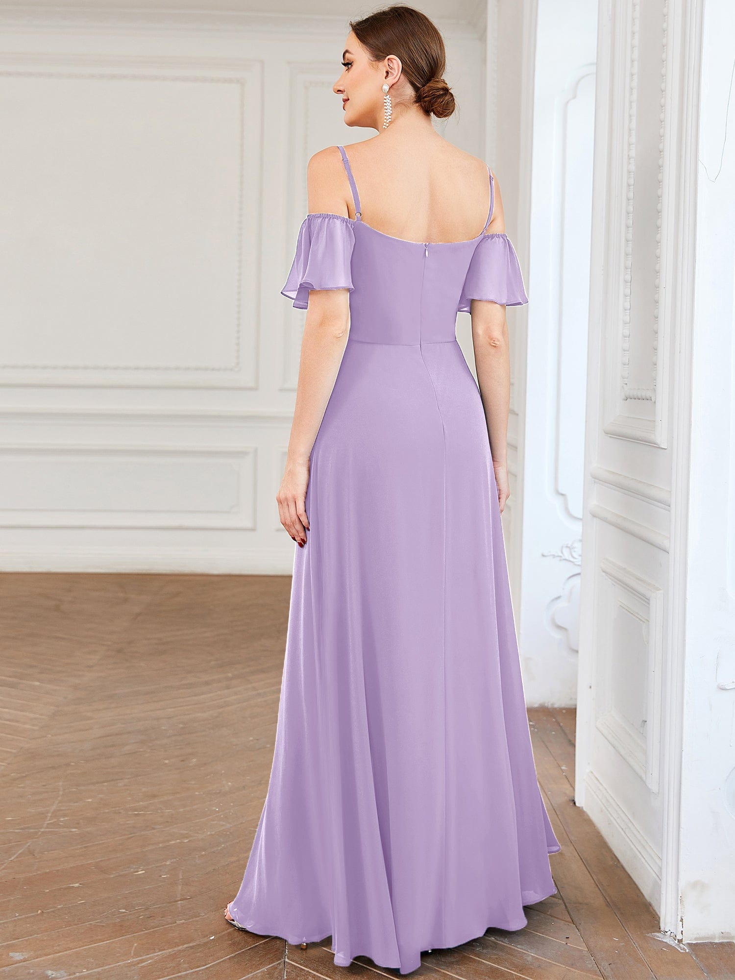 Custom Size Cold-Shoulder Floor Length Bridesmaid Dress with Side Slit #color_Lavender