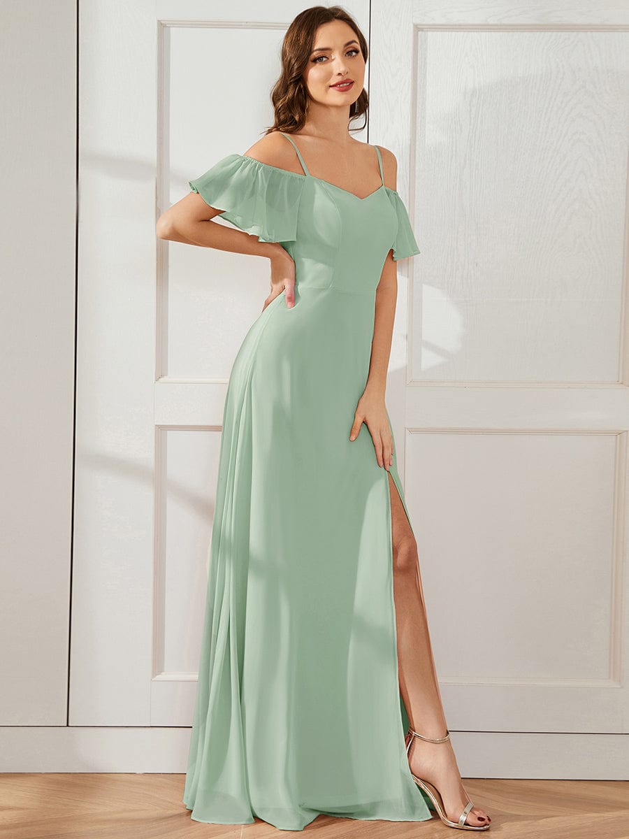 Custom Size Cold-Shoulder Floor Length Bridesmaid Dress with Side Slit #color_Mint Green